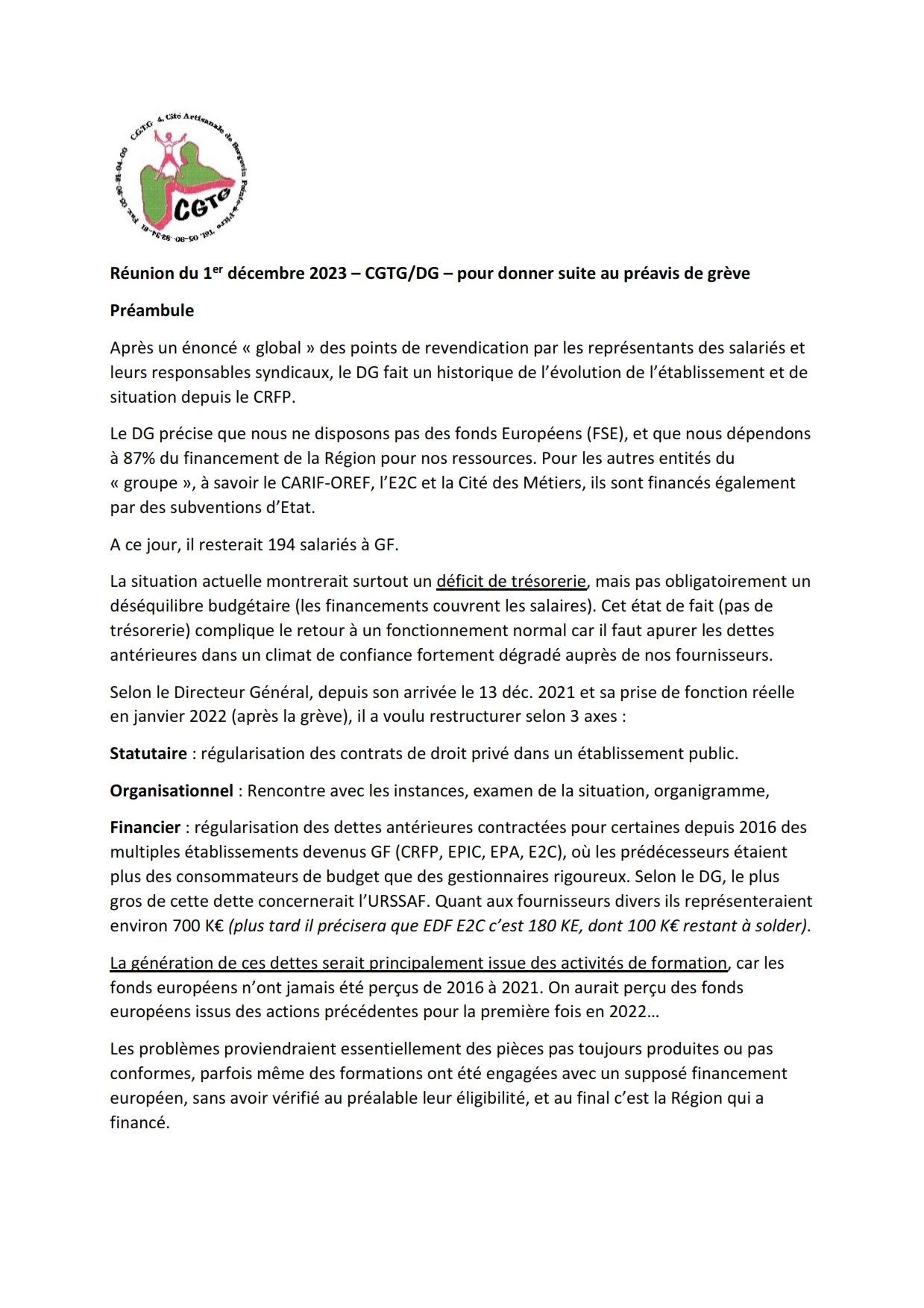 Guadeloupe formation compte rendu réunion CGTG direction générale 1 décembre 2023 p1