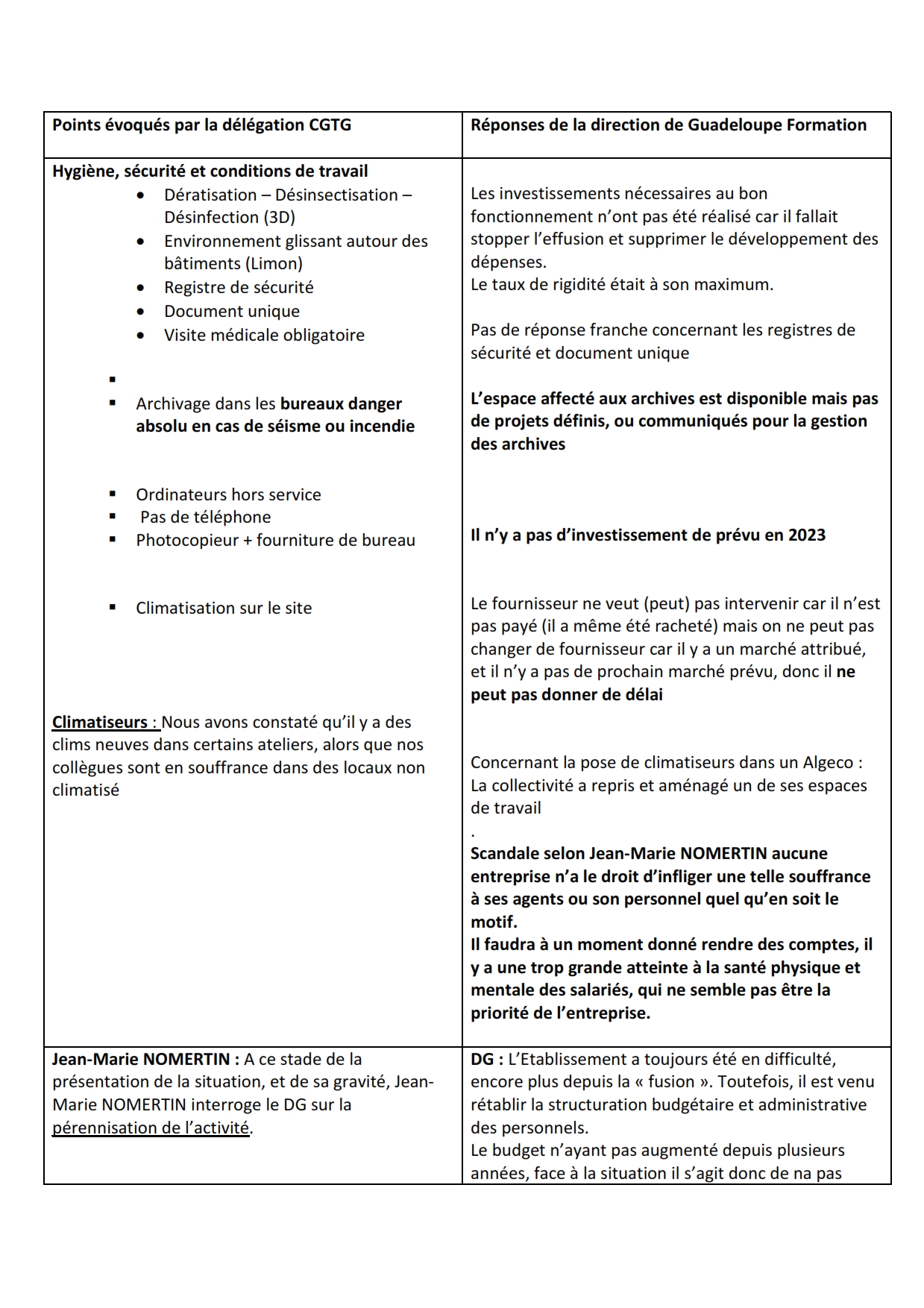 Guadeloupe formation compte rendu réunion CGTG direction générale 1 décembre 2023 p2
